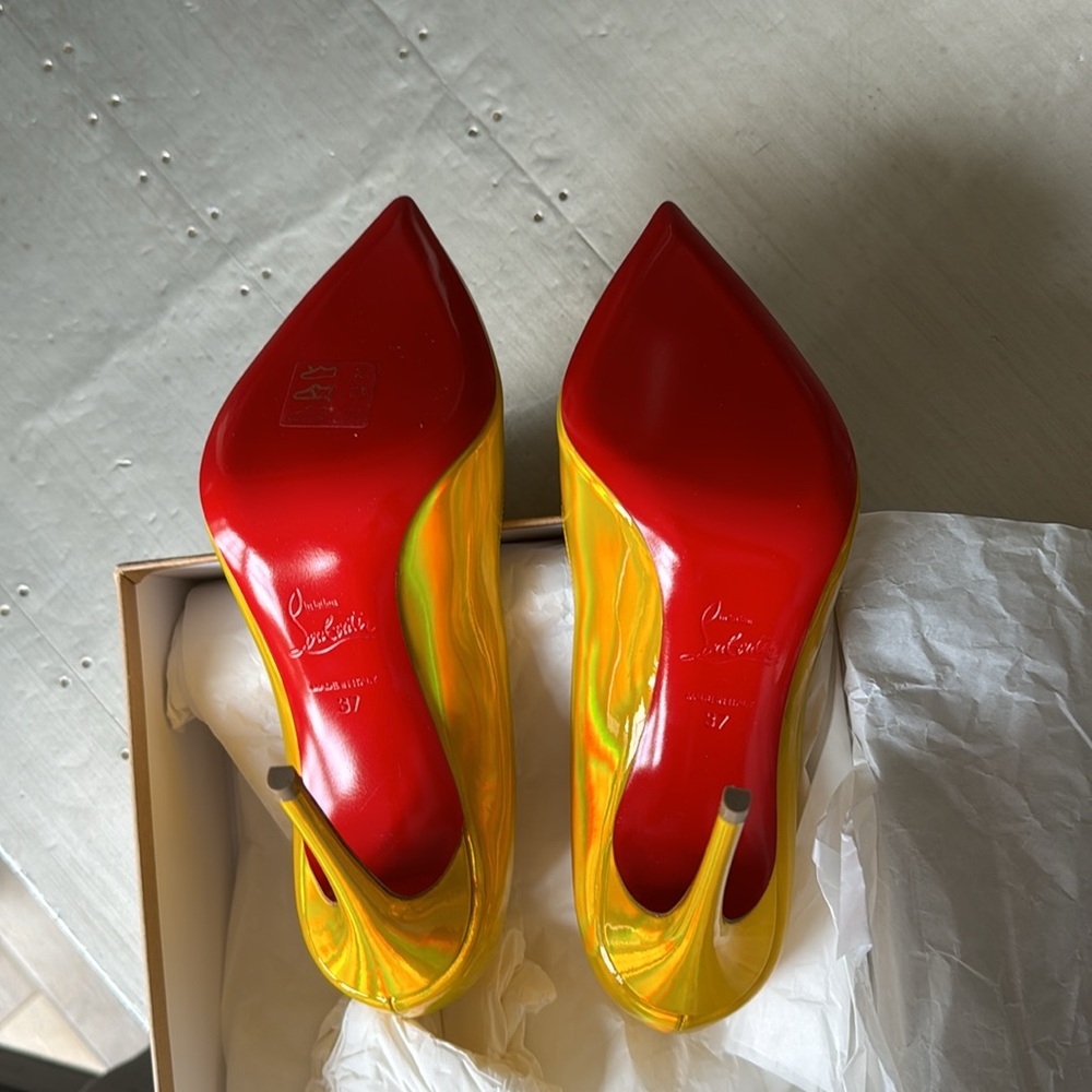 Christian Louboutin hot chick 100mm patent yellow metallic psychic sz 37 gold - Picture 8 of 12